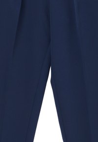 Marineblaue maßgeschneiderte Hosen mit Vorderfalten, flach auf einem weißen Hintergrund präsentiert.