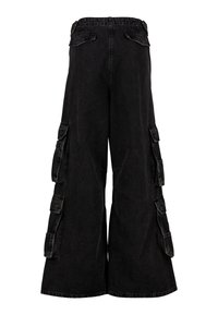 Black wide-leg cargo pants with a high waistband, featuring multiple pockets on the sides and a soft, textured denim material.