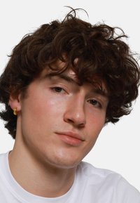 Gold hoop earring attached to the left ear, short curly brown hair, light skin, wearing a white t-shirt. Simple background.