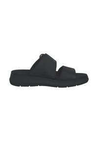 Des sandales noires à glissière avec des brides croisées, en matériau lisse, semelle rembourrée et semelle extérieure texturée pour l'adhérence. Aucun autre détail visible.
