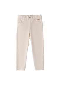 Witte ribbroek met een rechte snit, vijf zakken, een knoopsluiting en een klein logo-label op de voorkant van de tailleband.