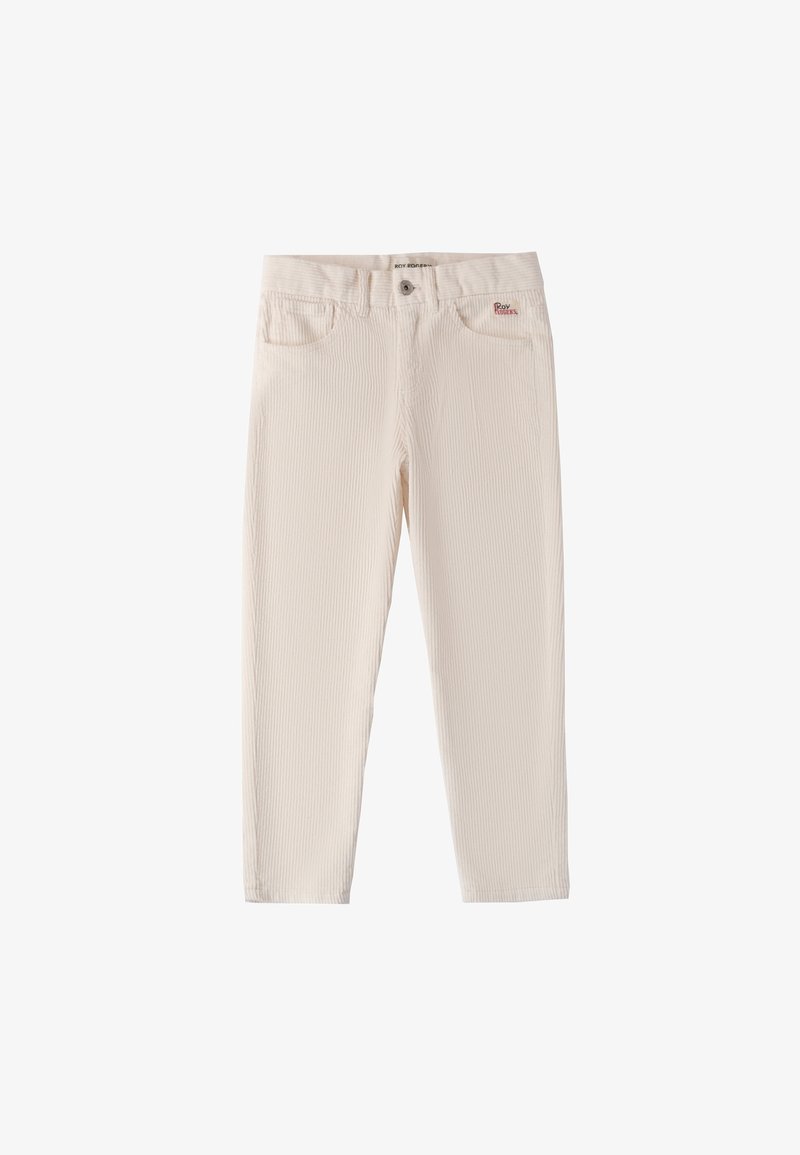 Witte ribbroek met een rechte snit, vijf zakken, een knoopsluiting en een klein logo-label op de voorkant van de tailleband.