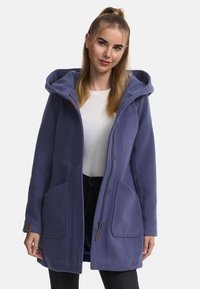 Purple fleece coat with a hood, zip front, and snap closures. Features two front pockets and logo detail on the side.
