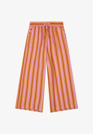 Wijde broek met verticale roze, oranje en rode strepen, elastische tailleband met trekkoord en zijzakken.