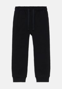 Black sweatpants made of cotton blend fabric, featuring an elastic waistband with drawstring, side pockets, and tapered cuffs at the ankles.
