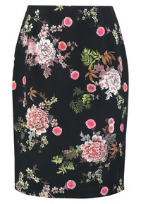 Knä-lång svart blommig kjol med stora rosa och vita blommor, gröna blad och en mjuk, elastisk tygtextur.