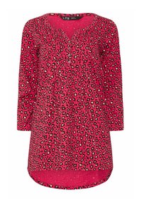Tunic con stampa leopardata rosa, collo a V con bottoni, maniche lunghe e orlo curvo. Realizzata in tessuto leggero e morbido.