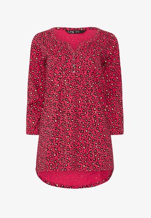 Tunic con stampa leopardata rosa, collo a V con bottoni, maniche lunghe e orlo curvo. Realizzata in tessuto leggero e morbido.