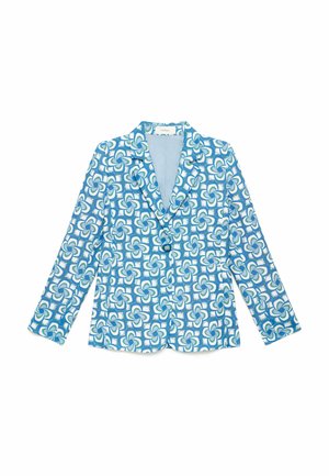 Blazer blu e bianco con motivo, maniche lunghe, chiusura con bottoni e colletto con rever a lancia, mostrato disteso su uno sfondo bianco.