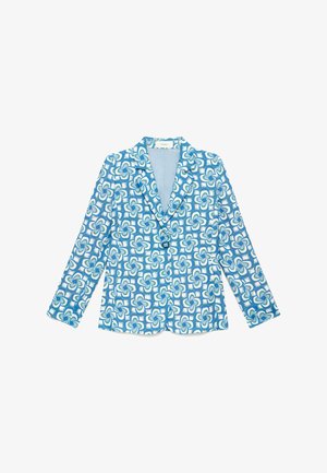 Blazer blu e bianco con motivo, maniche lunghe, chiusura con bottoni e colletto con rever a lancia, mostrato disteso su uno sfondo bianco.