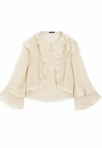 Beige blouse with a zip front, featuring ruffled accents along the neckline and sleeves. Made from lightweight, textured fabric.