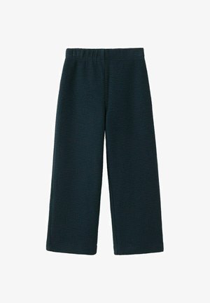 Pantaloni neri a gamba larga in maglia con vita elastica, tessuto texturizzato e lunghezza corta.