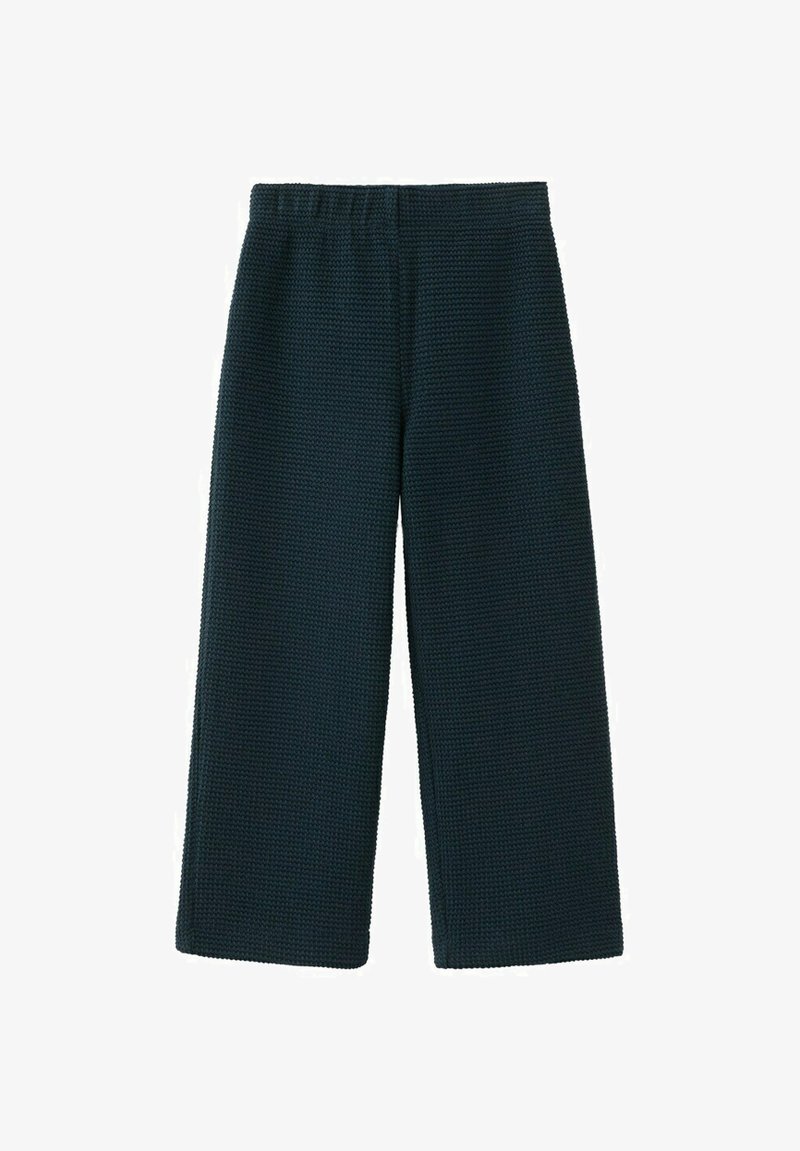 Pantalon large en maille noire avec ceinture élastique, tissu texturé et longueur raccourcie.