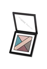 Palette di ombretti con 5 tonalità geometriche: turchese, rosa, beige scintillante, grigio scuro e malva in un astuccio nero con coperchio trasparente.