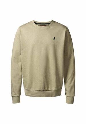 Jasnozielona bluza z bawełny, z okrągłym dekoltem, ściągaczami przy rękawach oraz małym, ciemnym emblematem na piersi.