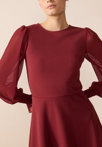 Robe bordeaux avec de longues manches transparentes et des poignets froncés, corsage ajusté et jupe évasée. Texture lisse avec une silhouette classique.