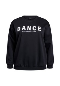 Schwarzes Sweatshirt mit übergroßem weißen Text, der "TANZ MIT MIR BIS ZUM ENDE DER LIEBE" lautet. Rippbündchen und Saum, aus weichem Stoff gefertigt.