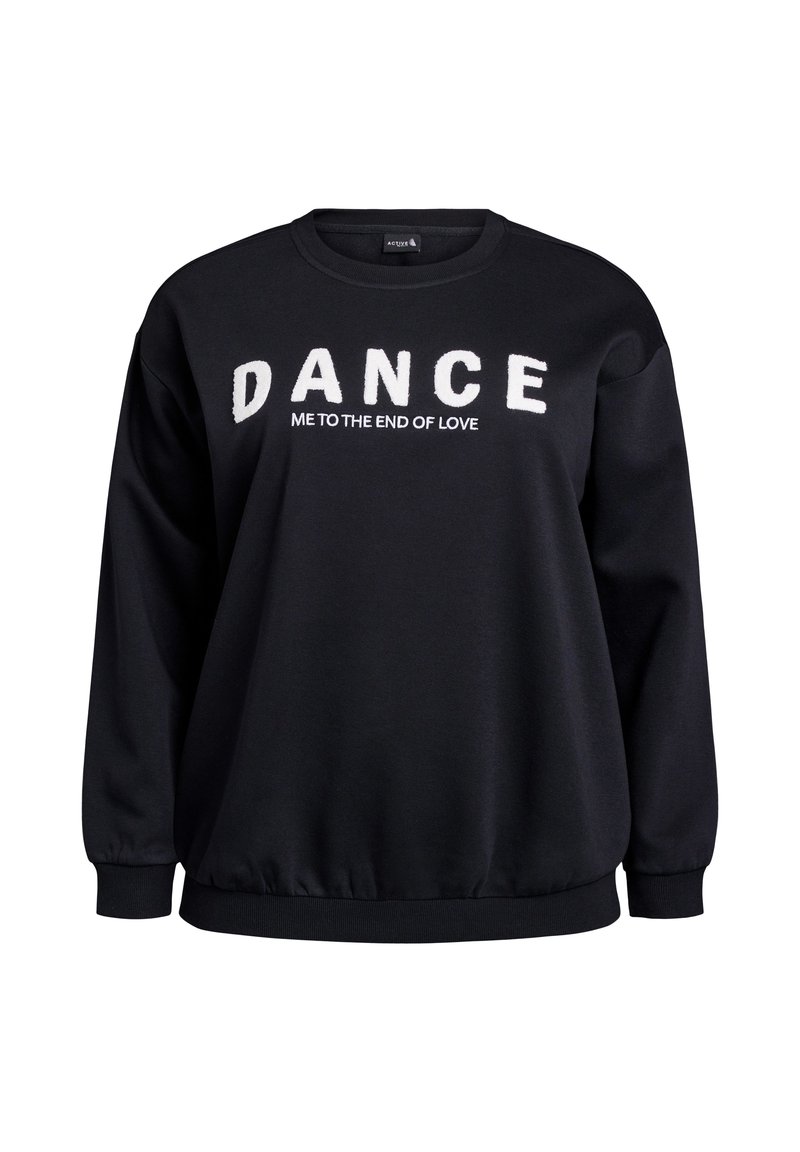 Schwarzes Sweatshirt mit übergroßem weißen Text, der "TANZ MIT MIR BIS ZUM ENDE DER LIEBE" lautet. Rippbündchen und Saum, aus weichem Stoff gefertigt.