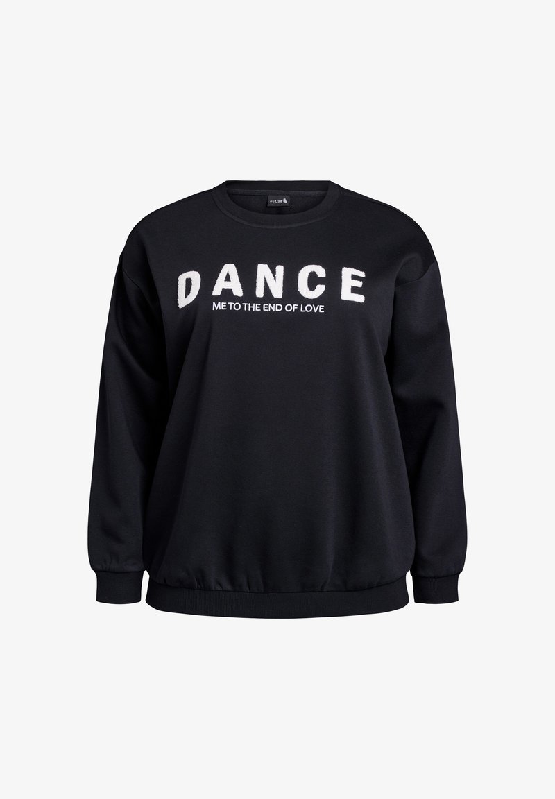 Felpa nera con testo bianco oversize che recita "DANCE ME TO THE END OF LOVE". Polsini e orlo a coste, realizzata in tessuto morbido.