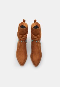 Botines de ante marrón con punta afilada y diseño relajado, que presentan acentos en turquesa y plata alrededor del tobillo.