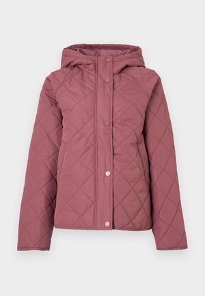 Veste matelassée rembourrée en rose poudré avec capuche, fermetures à pression et motif losange. Fabriquée en matière synthétique lisse.