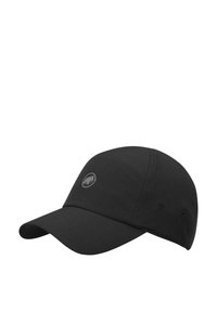 Casquette noire en tissu doux, avec une visière incurvée et un subtil détail de logo. Elle présente des accents cousus et des trous de ventilation.
