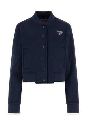 Giacca corta blu navy con motivo a logo testurizzato, polsini e orlo a coste, chiusura con bottoni a pressione e patch con logo sul petto.