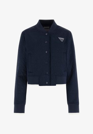 Donkerblauw cropped jack met een textuur van het logo, geribbelde manchetten en zoom, drukknoopsluiting en een logopatch op de borst.