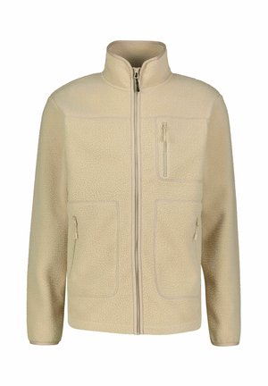 Beige Fleecejacke mit hohem Kragen, frontaler Reißverschluss und drei Reißverschlusstaschen. Strukturierten Stoff und glatte Akzente.