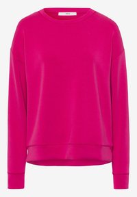 Sweat-shirt rose vif à manches longues et col rond, avec poignets et ourlet côtelés, vue de face montrant une petite étiquette de marque à l'intérieur de l'encolure.