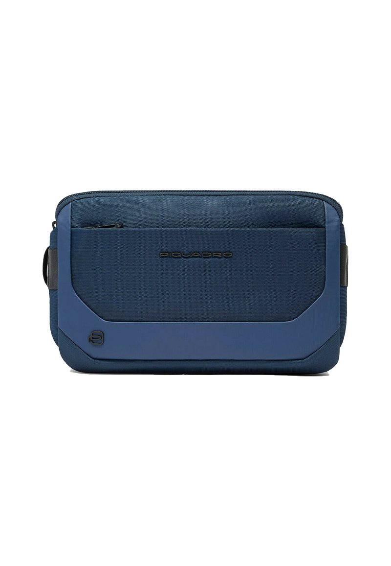 Blaue rechteckige Laptoptasche aus strukturiertem Nylonmaterial, mit einer vorderen Reißverschlusstasche, schwarzem Logo und gepolstertem Schultergurt.