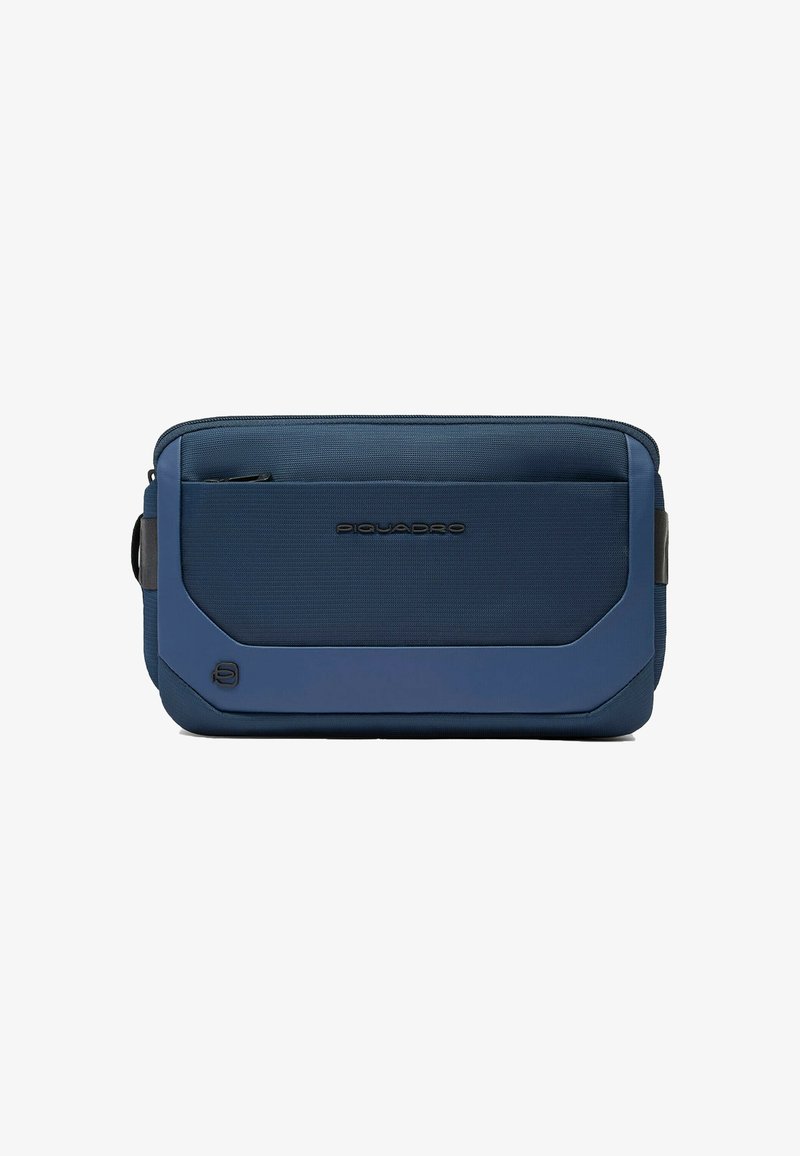 Blaue rechteckige Laptoptasche aus strukturiertem Nylonmaterial, mit einer vorderen Reißverschlusstasche, schwarzem Logo und gepolstertem Schultergurt.