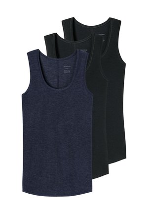 Trzy bezrękawniki z okrągłym dekoltem ułożone jeden na drugim, na przodzie granatowy, za nim dwa czarne, gładkie materiały bez wzorów i logo.