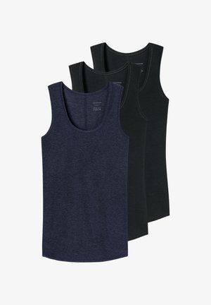 Trois débardeurs sans manches à col ras du cou empilés, un bleu marine devant, deux noirs derrière, tissu uni sans motifs ni logos.