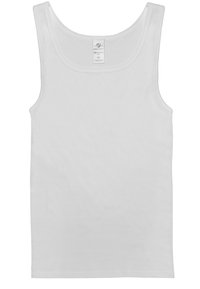 White cotton tank top with a round neckline and wide shoulder straps. Features a smooth texture and a simple design.