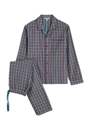 Pailgomis ilgomis rankovėmis flanelinis pižamų komplektas, sudarytas iš marškinėlių su mygtukais ir kelnių su raišteliu. Spalvos apima mėlyną, raudoną ir žalią dryžuotą raštą.