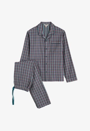 Pigiama a maniche lunghe a quadri composto da una camicia con bottoni e pantaloni con coulisse. I colori includono blu, rosso e verde in un motivo a scacchi.
