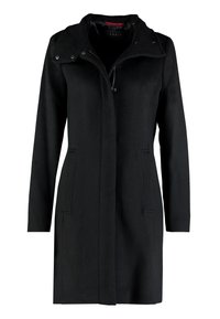 Černý vlněný kabát s vysokým límcem, dvěma předními kapsami a zipovým zapínáním. Látka má hladkou texturu s jemnými detaily.