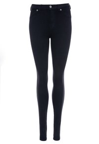 Jeans noirs slim fit en denim extensible. Comprend une taille mi-haute, des poches avant et un design classique à cinq poches avec des accents métalliques.