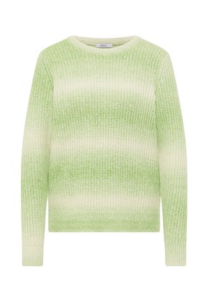 Pull en maille dégradé vert avec col rond, manches longues et poignets côtelés. Texture douce avec différentes nuances de vert et de crème.