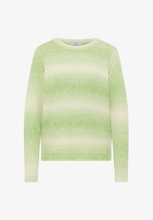 Pull en maille dégradé vert avec col rond, manches longues et poignets côtelés. Texture douce avec différentes nuances de vert et de crème.