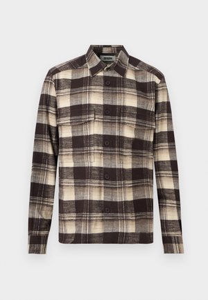 Camicia di flanella con bottoni, motivo a quadri marrone, beige e crema, maniche lunghe, due tasche sul petto e colletto.