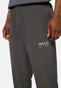 Losse, grijze sportbroek gemaakt van een lichte stof. Kenmerkt zich door een elastische tailleband en een geprinte logo op de linkerdij.