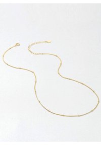 Collier en chaîne dorée mettant en avant un design délicat avec de petites accents ronds, un fermoir à homard et une chaîne d'extension de longueur ajustable.