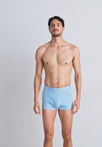 Lichtblauwe katoenen boxershorts met een zachte tailleband met het "Calvin Klein" logo, gedragen door een shirtloze mannelijke model tegen een neutrale achtergrond.