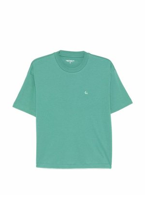 T-shirt Carhartt verde a maniche corte con piccolo logo sul petto sinistro e scollatura rotonda, distesa su uno sfondo bianco.