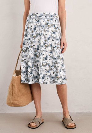 Bloemendrukrok in blauw en wit met groene accenten, knie-lengte, gemaakt van lichtgewicht stof. Gecombineerd met een geweven tan tas en grijze sandalen.