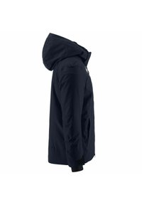 Giacca impermeabile blu navy con cappuccio, tasche laterali con zip, polsini elasticizzati e una superficie liscia. Presenta un design elegante e moderno.