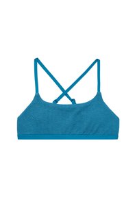Tyrkysový textúrovaný bralet s prekríženými ramienkami a hladkým pásom. Obsahuje jemný zigzagový vzor na povrchu.