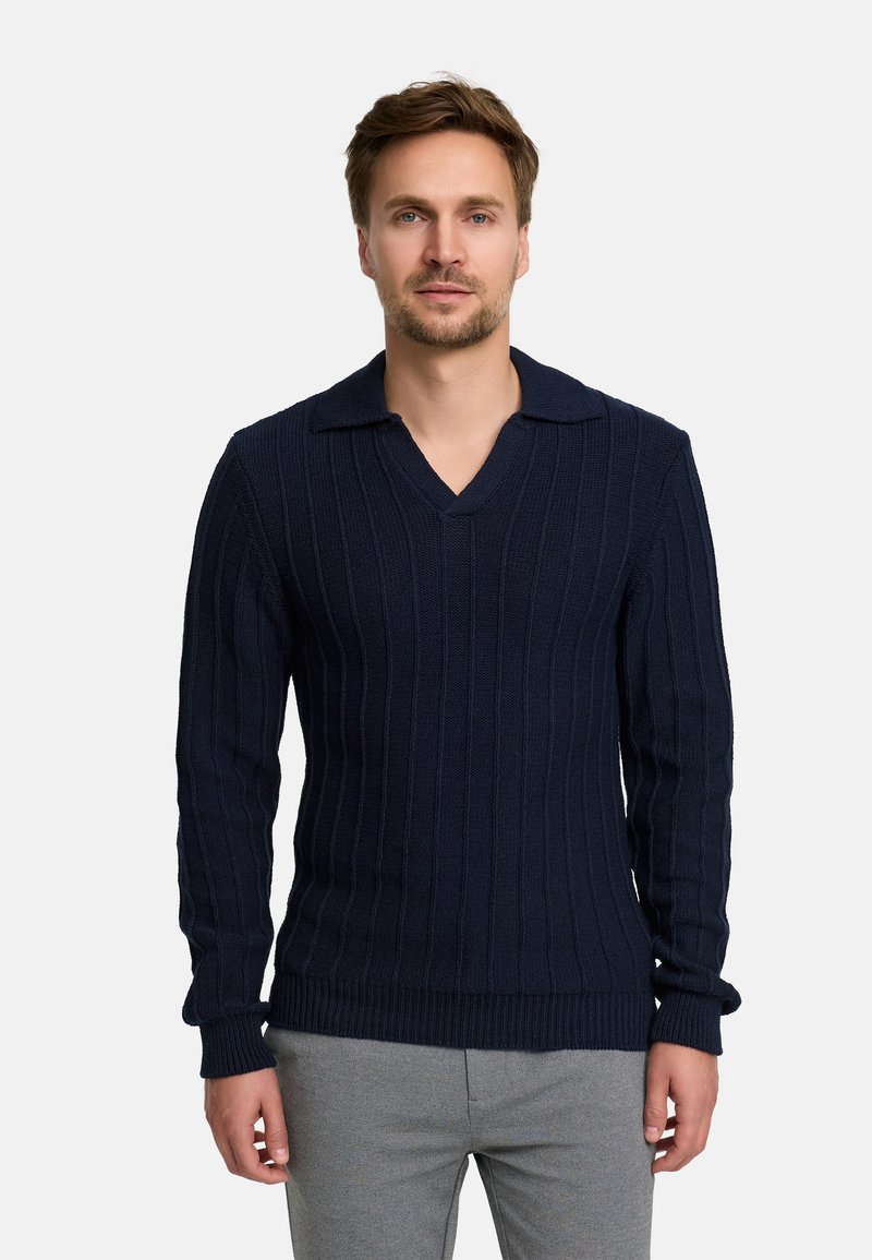 Marineblauer, gerippter Strickpullover mit V-Ausschnitt und kontrastierendem Kragen. Verfügt über lange Ärmel und einen taillierten Saum, hergestellt aus strukturiertem Stoff.